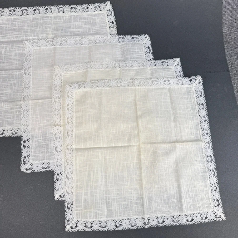 Vintage Lace Trim Cloth Napkin Set 10pc Green Cream White Linen Lot of 8